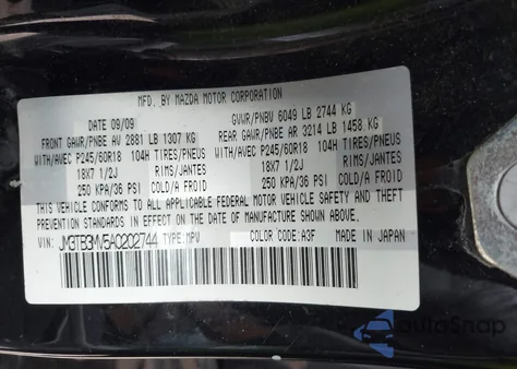 2010 Mazda Cx-9 Sport z USA, uszkodzony, nr VIN JM3TB3MV5A0202744